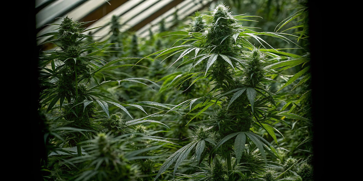 Autoflower cannabis plant under grow lights.