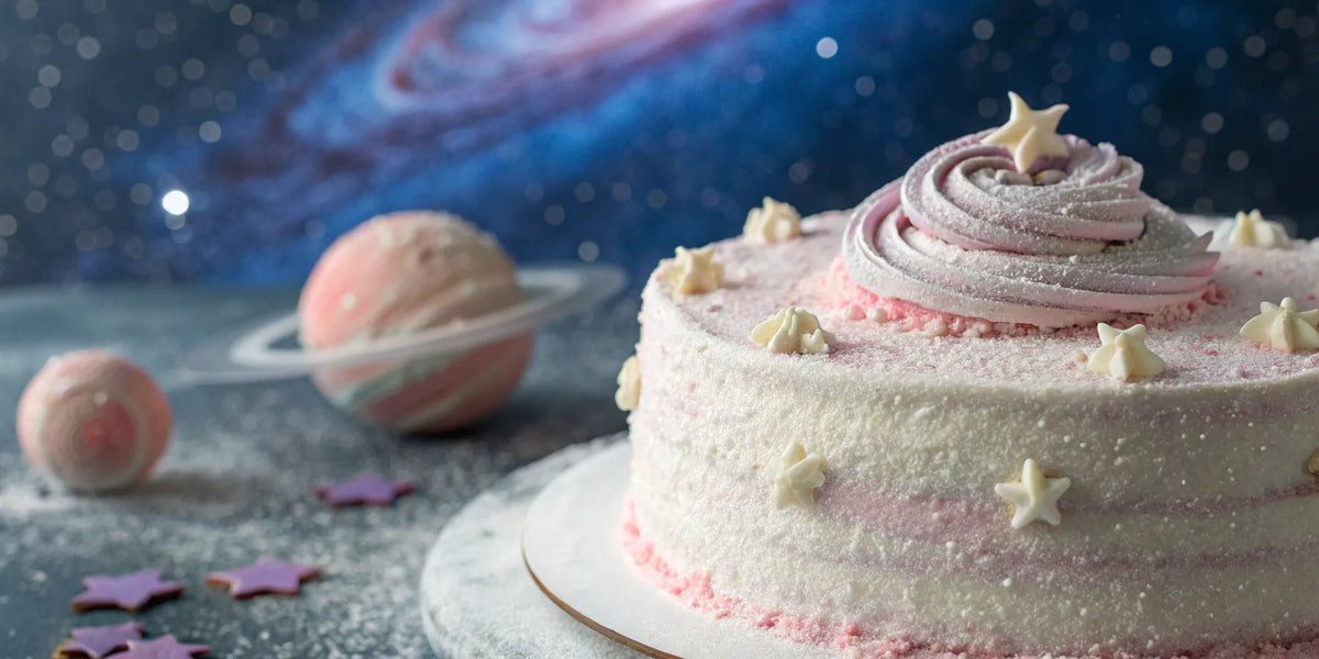 Space cake with star decorations.